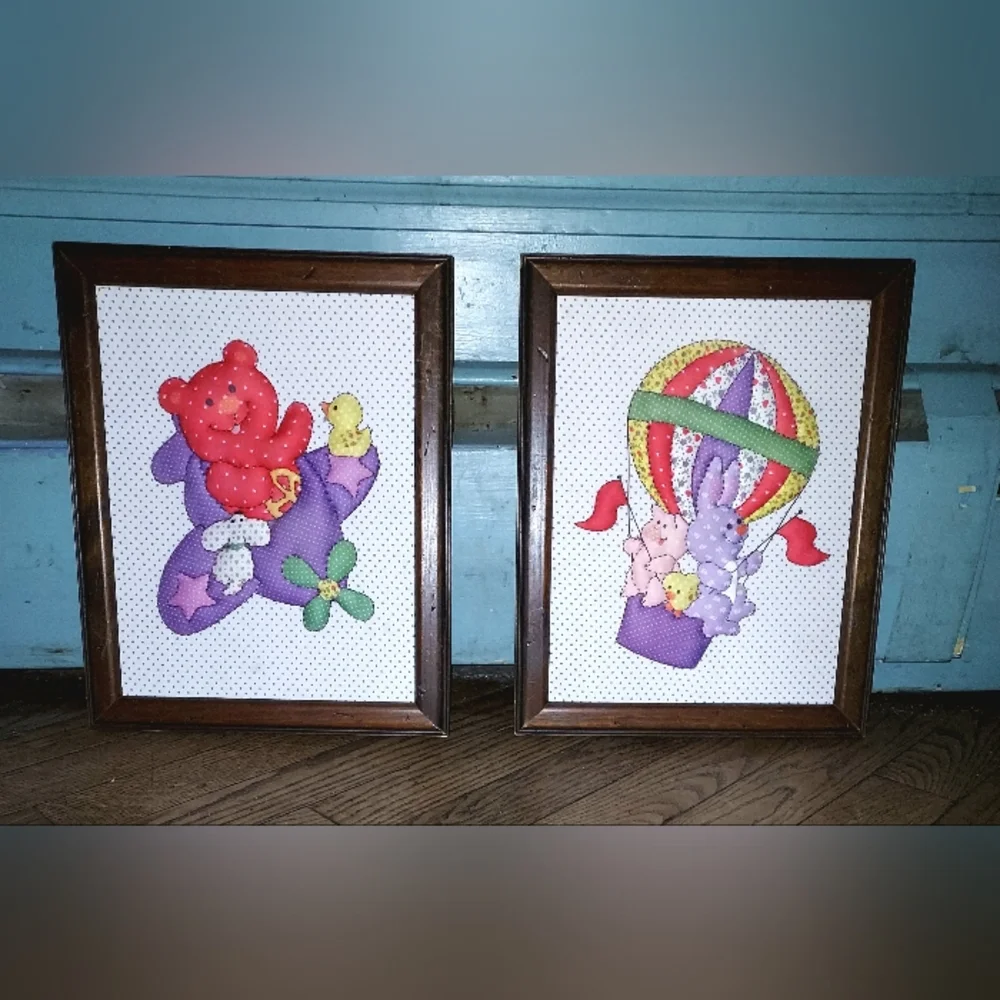Vtg Puff Fabric Quilted Photo Framed Artwork Baby Infant Animals Airplane... dim